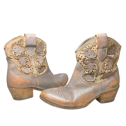 Guja Women's Tan Floral Leather Cowboy Stack Heel Western Ankle Boots Size 6