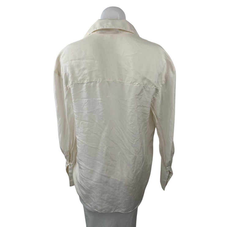 Banana Republic 100% Silk White V Neck Collared Long Sleeve Shirt Blouse Top S