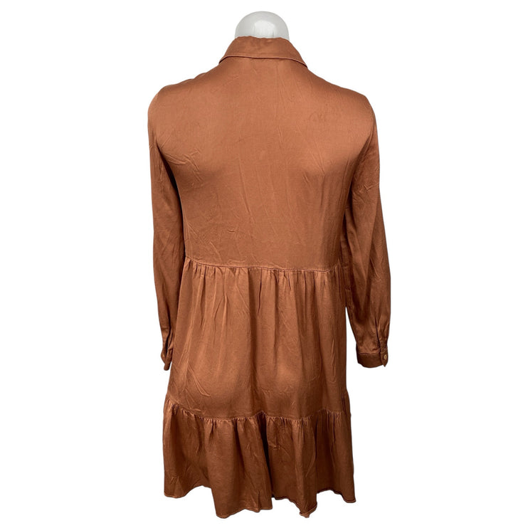 Zara Women's Brown Long Sleeve Button Front Tiered A Line Mini Dress Size XS