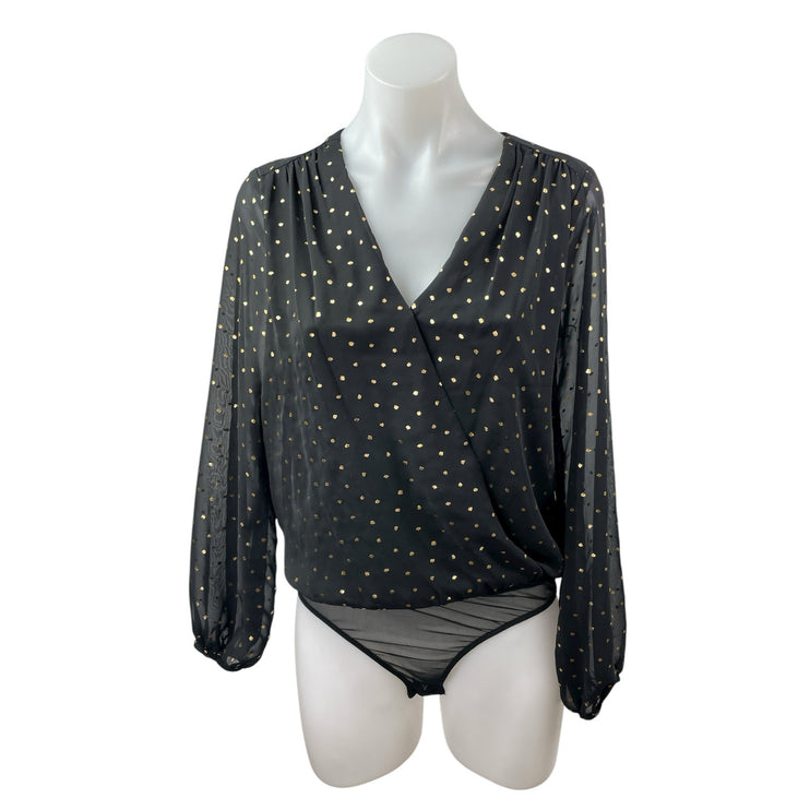 All in Favor Black Metallic Dot Sheer Mesh Long Sleeve Wrap Bodysuit Top Size S