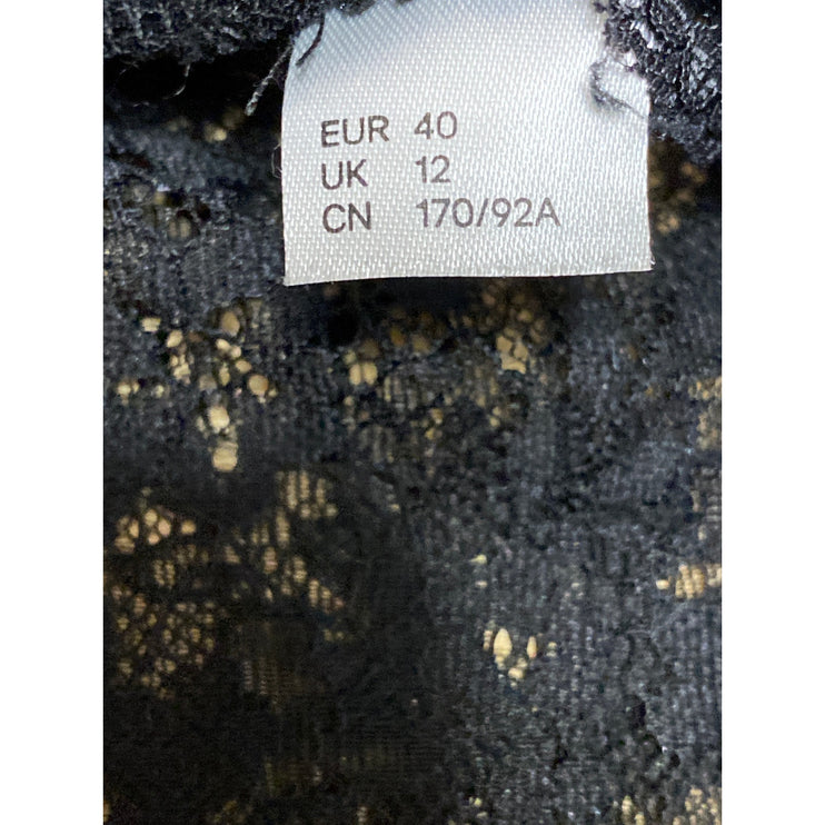 H&M Divided Black Floral Paisley Sheer Short Sleeve Lace Fringe Blouse Top Sz 8