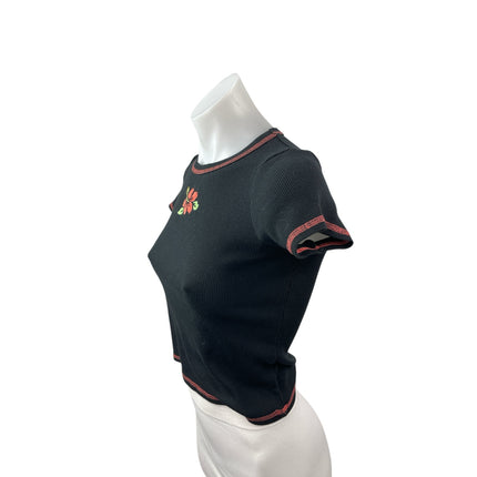 Art Class Hibiscus Embroidery Black Ribbed Crop Crew Neck Baby Tee T-Shirt Top L