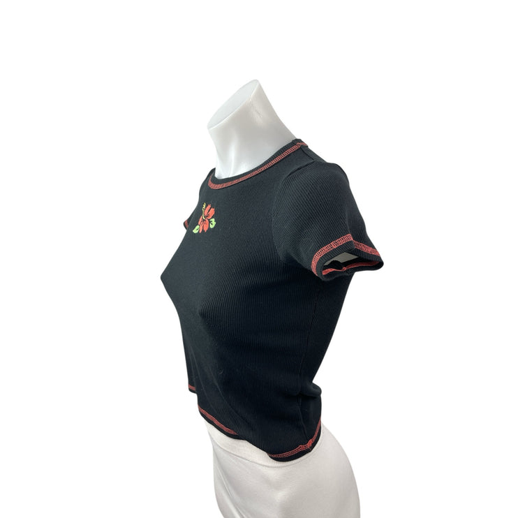 Art Class Hibiscus Embroidery Black Ribbed Crop Crew Neck Baby Tee T-Shirt Top L