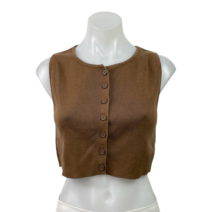 Brandy Melville Brown Sleeveless Ribbed Knit Button Down Vest Crop Top Size S