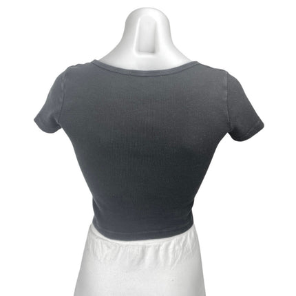 Brandy Melville Black Short Sleeve Ribbed Knit Button Up T Shirt Crop Top Size S