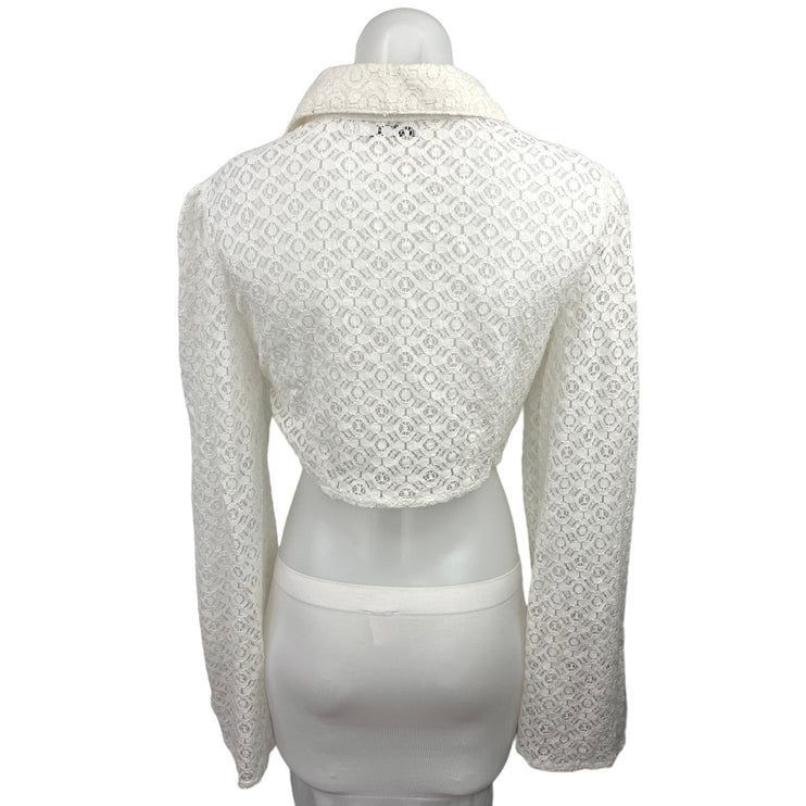 NEW NA-KD White Trumpet Long Sleeve Lace Tie V-Neck Collar Crop Top Blouse Sz 6