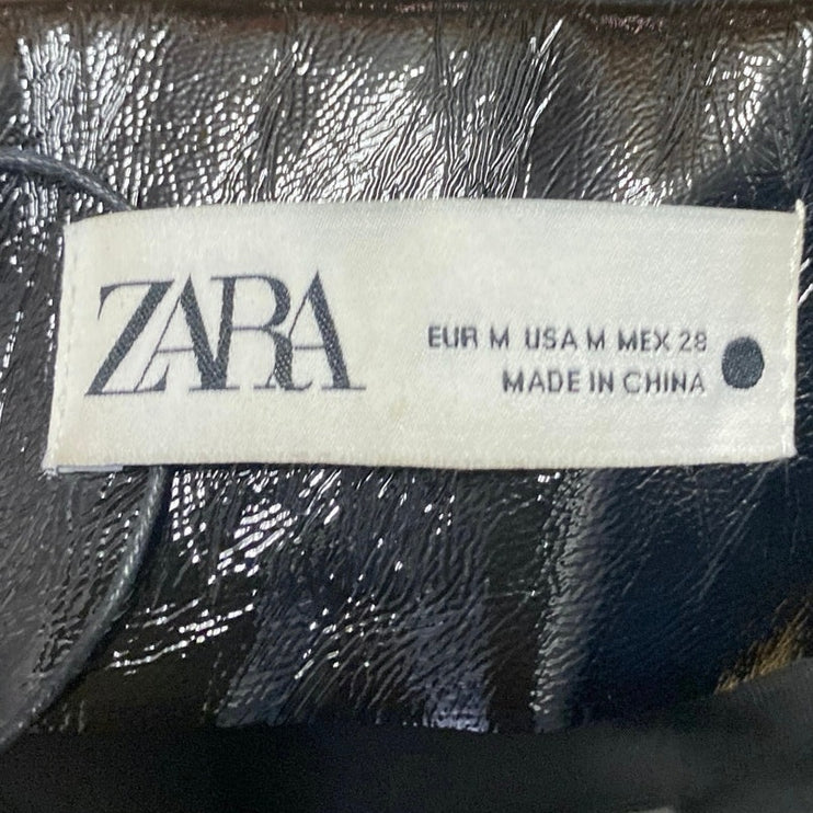 Zara Women's Black Faux Leather Vegan Patent Drape Mini Pencil Skirt Size M