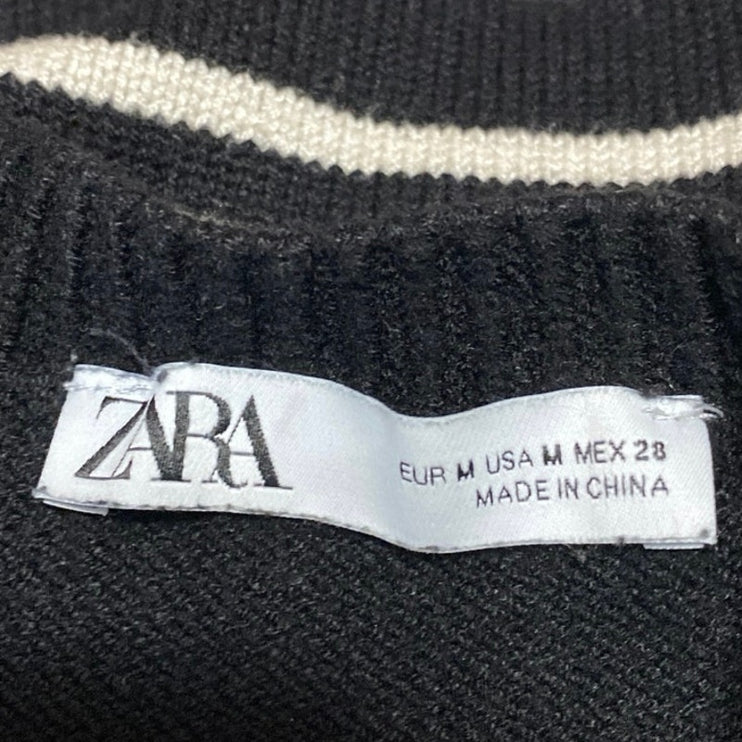 Zara Women's Black Striped Knit Long Sleeve Crew Neck Sweatshirt Sweater Top M
