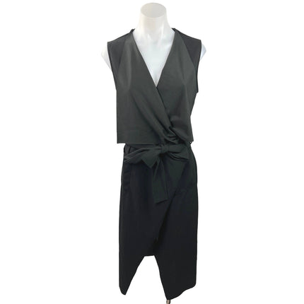 Favlux Fashion Black Sleeveless V Neck Front Bow Tie Wrap Vest Midi Dress Size S