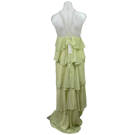 NEW Loveless Mother Of Pearl Yellow Halter Maxi Tiered Flared A-Line Dress  Sz L