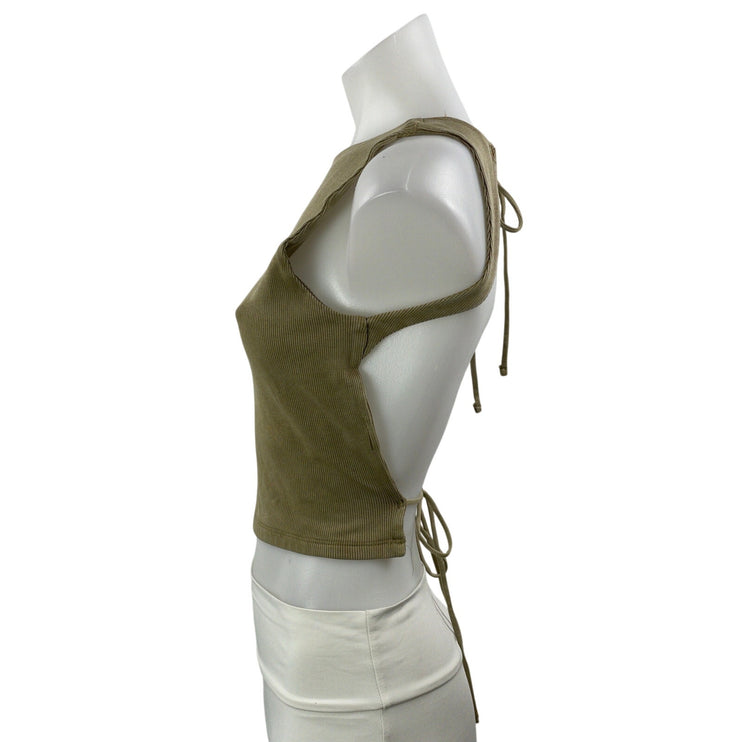 Zara Women's Olive Green Ribbed Knit Open Back Backless Tie Crop Top Size M