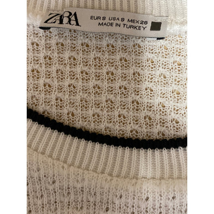 Zara Women's White Black Ruffle Sleeve Knit Round Neck Sweater Blouse Top Size S