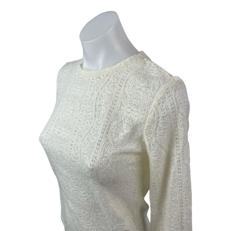 Commense Women's Cream Floral Lace Long Sleeve Crew Neck Blouse Top Size S