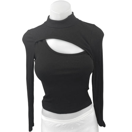 Hello Molly Women's Black Cutout Mock Neck Long Sleeve Crop Shirt Top Size XS