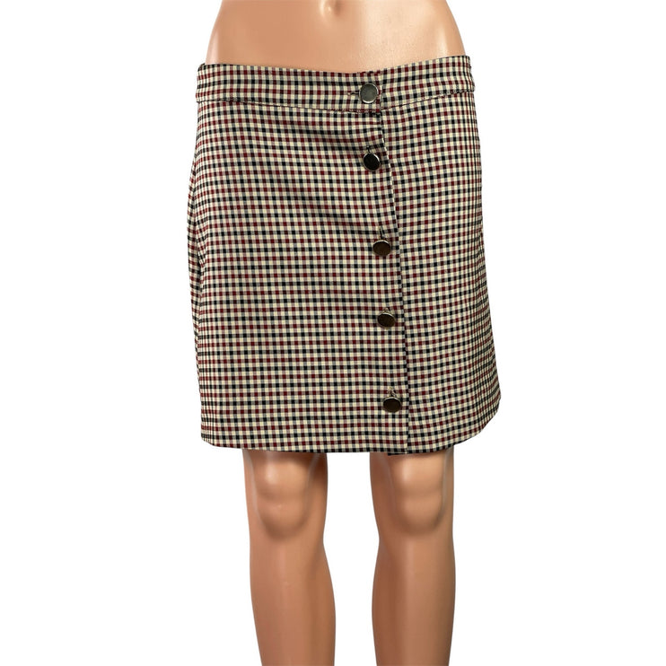 Zara Brown Plaid Checkered Button Down Pleated Mini Straight Pencil Skirt Size M