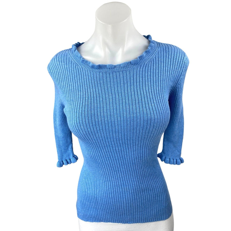 Alashan Women's Blue Cashmere Ribbed Knit Half Sleeve Ruffle Sweater Top Size S