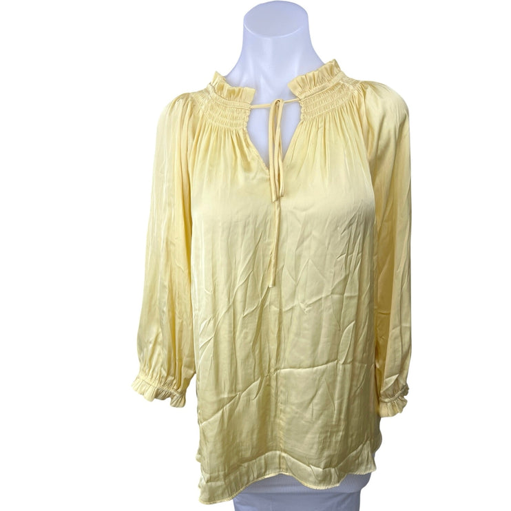 Joan Vass Yellow Ruffle Smocked Tie Neck Long Sleeve Pullover Tunic Blouse Top L