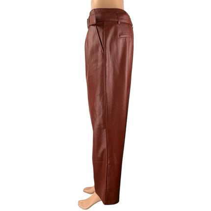 Who What Wear Brown High Rise Faux Leather Vegan Belted Pleated Trousers Pants 6