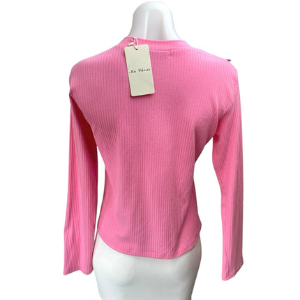 NEW Ma Cherie Pink Rib Knit Long Sleeve Aymmetric Zipper Cutout Sweater Top Sz L