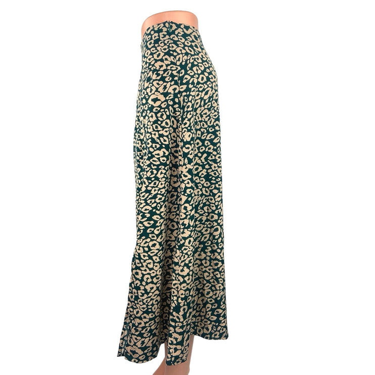 Shein Green Beige Leopard Animal Print Satin Zipper Chic Midi Slip Skirt Size 6