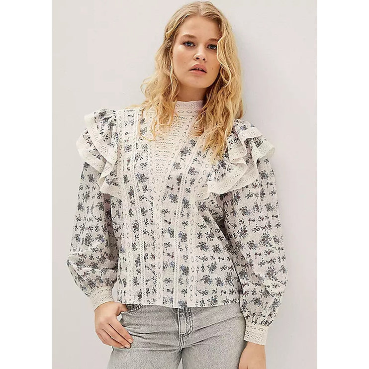 MNG Mango Overy Cream Black Floral Lace Embroidered Long Sleeve Blouse Top Sz 4
