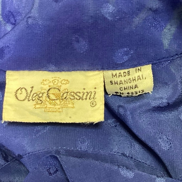 Vintage Oleg Cassini Blue 100% Silk Satin Collar Button Tie Waist Blouse Top 6