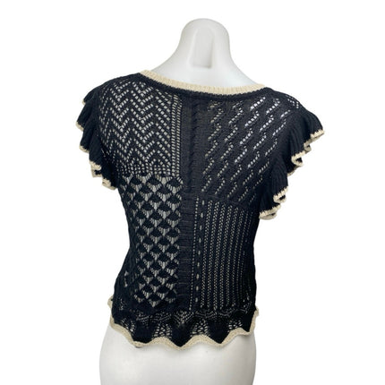 Bluivy Women's Black Open Crochet Knit Ruffle Short Sleeve Sweater Top Size L