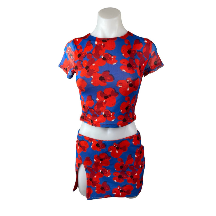 Princess Polly Blue Red Floral Short Sleeve Crop Top Slit Mini Skirt 2 Pc Set 4