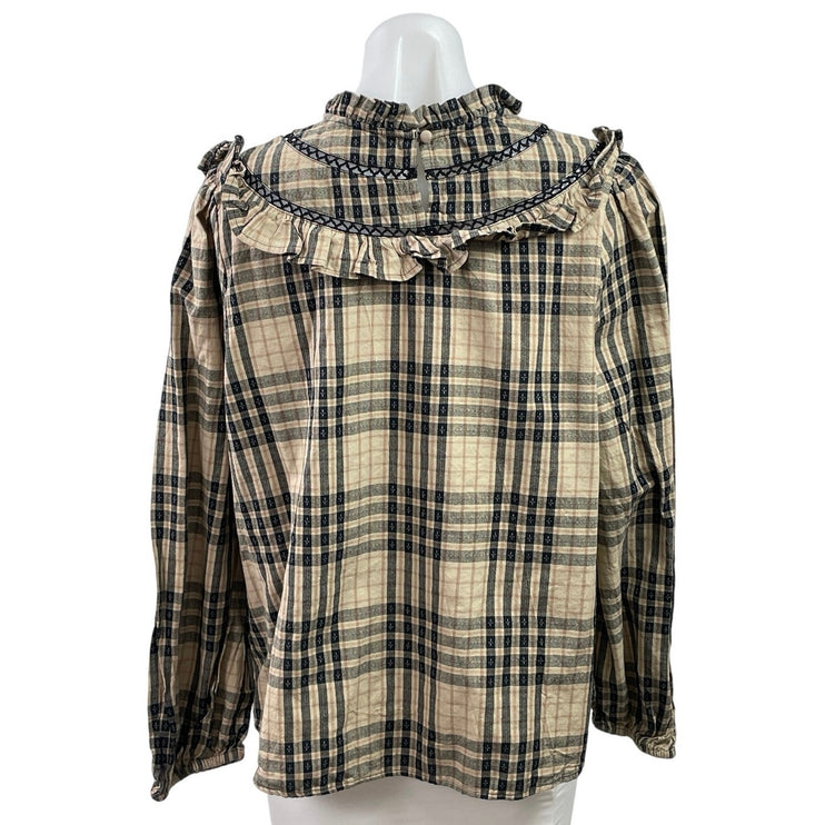 Tu Clothing Women's Beige Plaid Flannel Long Sleeve Ruffle Blouse Top Size 16