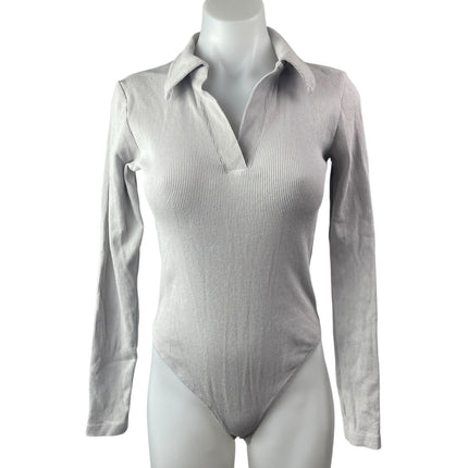 Collusion Gray Long Sleeve Ribbed Knit Thong Collared Polo Bodysuit Top Size 8