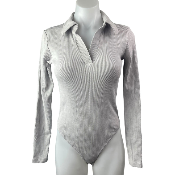 Collusion Gray Long Sleeve Ribbed Knit Thong Collared Polo Bodysuit Top Size 8
