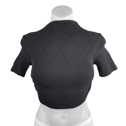 Zara Black Short Sleeve Argyle Tie Back Knit Cutout Mock Neck Crop Top Size M/L