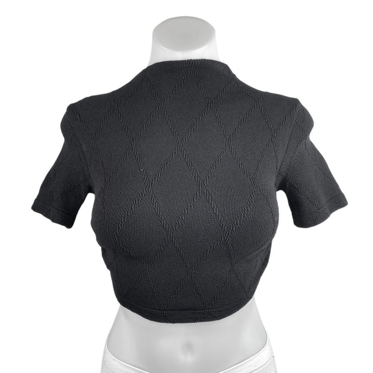 Zara Black Short Sleeve Argyle Tie Back Knit Cutout Mock Neck Crop Top Size M/L