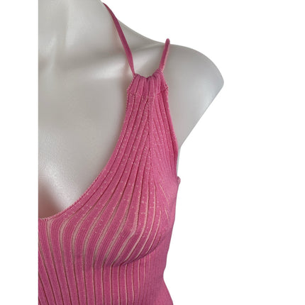 Geel Women's Pink Ribbed Knit Strappy Halter V Neck Cami Tank Crop Top Size M