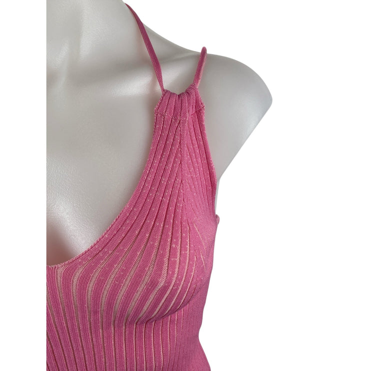 Geel Women's Pink Ribbed Knit Strappy Halter V Neck Cami Tank Crop Top Size M