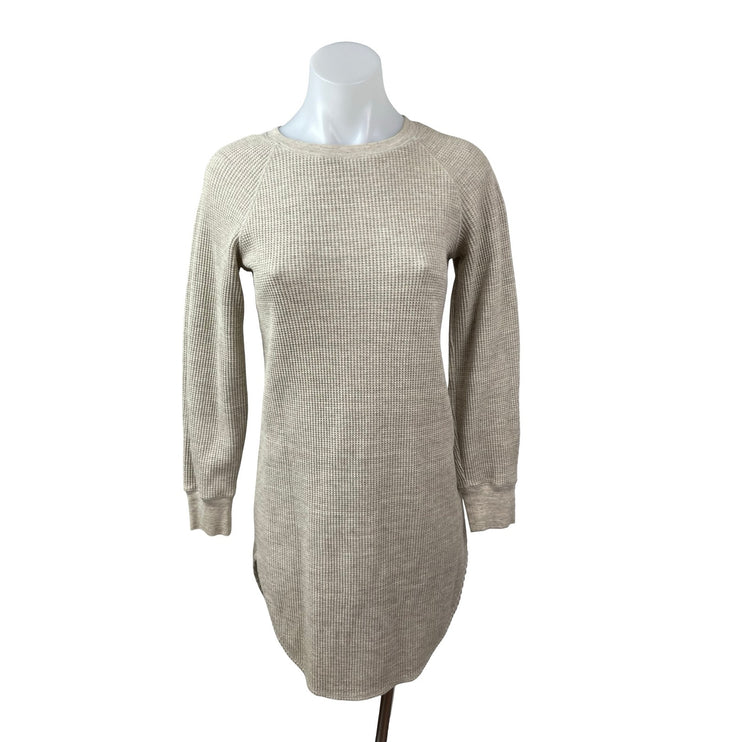 Uniqlo Beige Long Sleeve Waffle Knit Crewneck Thermal Mini Sweater Dress Sz XXS