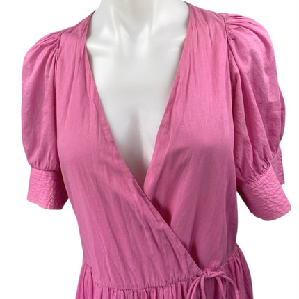 Rhode Womens Pink Short Puff Sleeve V-Neck A Line Tiered Wrap Midi Dress Size XS