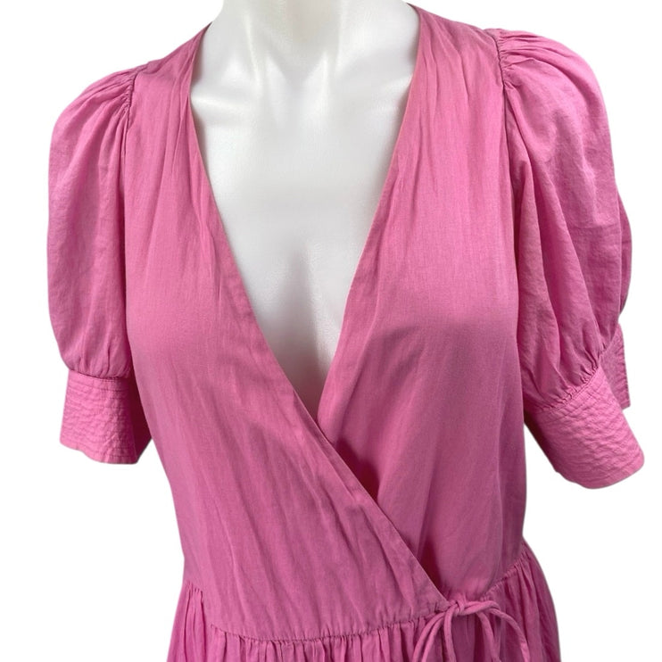 Rhode Womens Pink Short Puff Sleeve V-Neck A Line Tiered Wrap Midi Dress Size XS