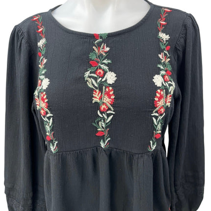 American Eagle Black Floral Embroidered Long Sleeve Cutout Peplum Blouse Top M