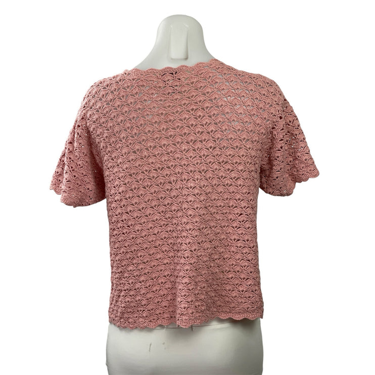 Jenny Womens Pink Eyelet Crochet Button Down Short Sleeve Cardigan Sweater Top S