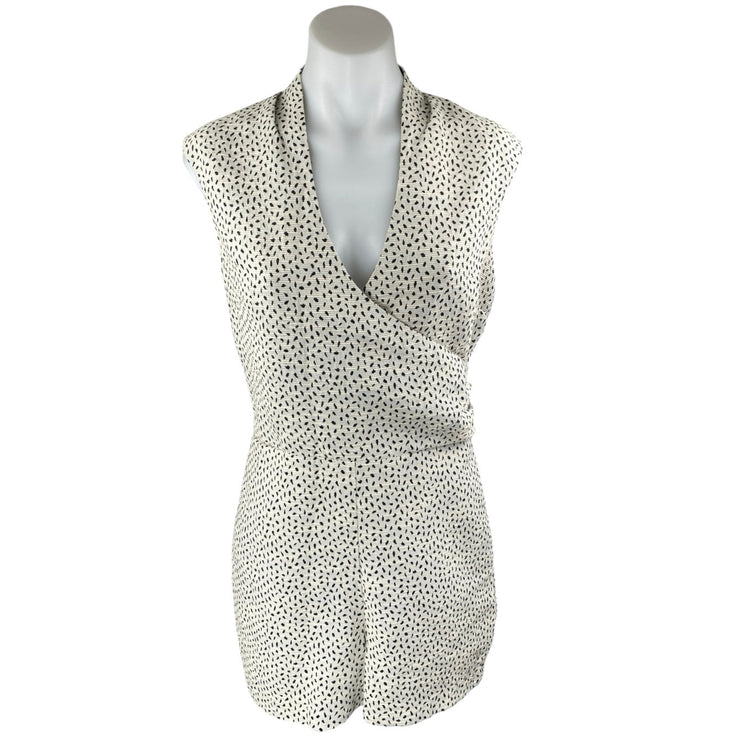Reiss White Black Sleeveless Faux Wrap V Neck Zip Pocket Romper Shorts Size 10