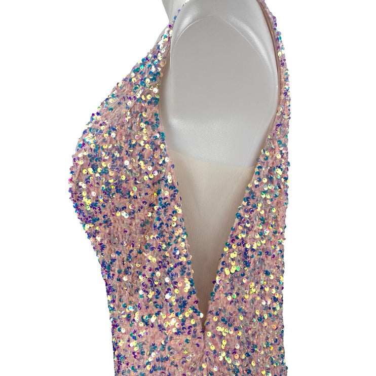 Sherri Hill Pink Sequin Sparkly Shimmer Party Vneck Open Back Mini Tank Dress 16