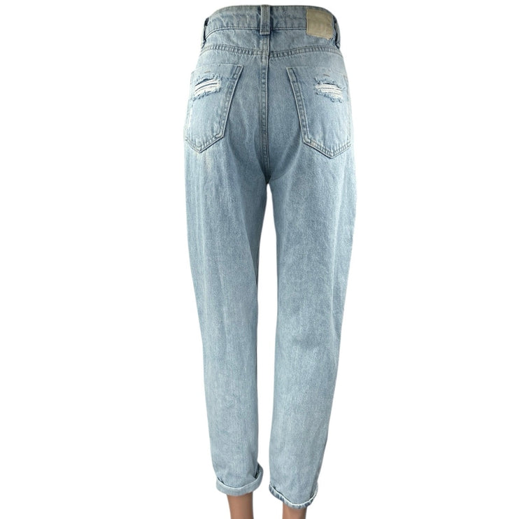 Zara Women's Blue Light Wash High Rise Distressed Tapered Leg Denim Jeans Size 2