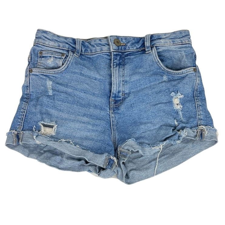 Zara Trafaluc Blue Distressed Cuffed Medium Wash High Rise Denim Jean Short Sz 4