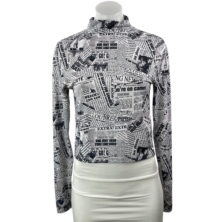 Topshop Womens Black White Newspaper Graphic Mock Neck Long Sleeve Blouse Top 8