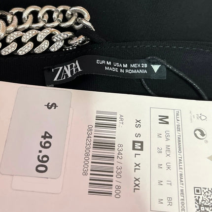 NEW Zara Women's Black Chain Beaded Strap Cowl Neck Mini Bodycon Dress Size M