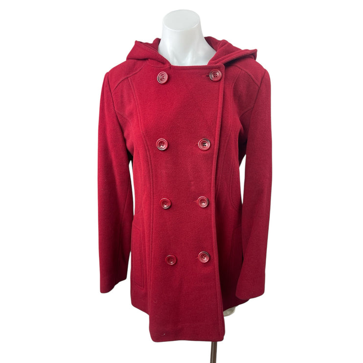 Anne Klein Women's Red Wool  Double Breated Hooded Long Sleeve Pea Coat Jacket S