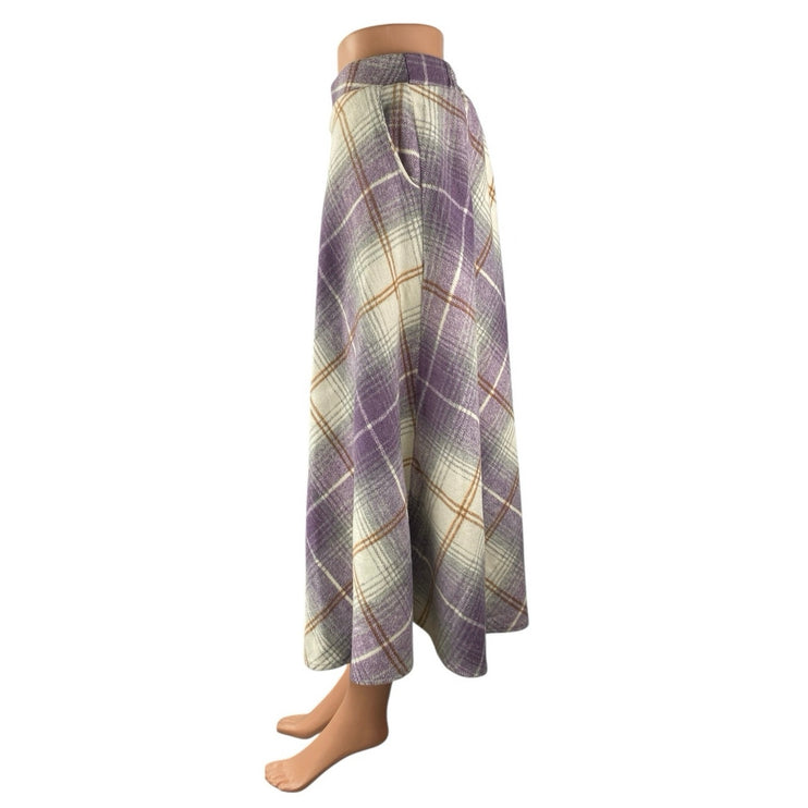 Women's Wool Purple Tartan Plaid Checkered High Waist Midi Flare A-Line Skirt S