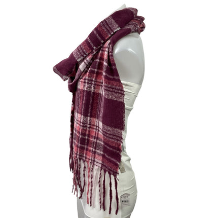 NWT Ann Taylor LOFT Pink Maroon Check Plaid Fringe Wrap Shawl Neck Scarf OS