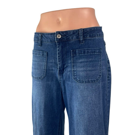 Luvamia Women's Blue High Waisted Cropped Flared Wide Leg Denim Jeans Pants Sz M